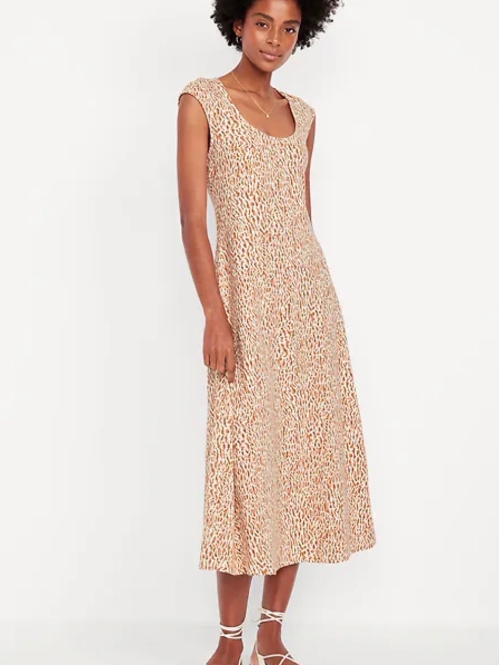 NWT | Sz M | Tan Leopard Print Fit & Flare Midi Dress Scoop Neck Cap Sleeve
